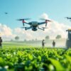 Farmers using drones and automated equipment in lush fields.