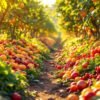 Colorful fresh fruits on a farm surrounded by greenery.