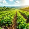 Modern farming with drones and automated equipment in fields.