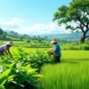 Lush green fields in Sarawak with farmers cultivating crops.